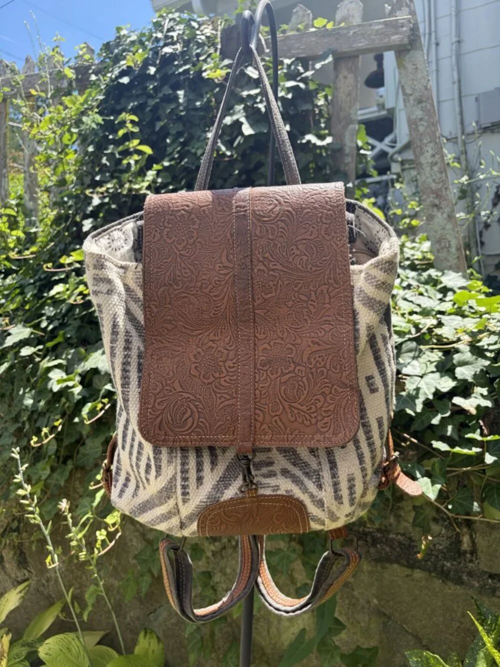 Myra Bag Embossed Leather Canvas Backpack Boho Western Southwestern Rustic Indie